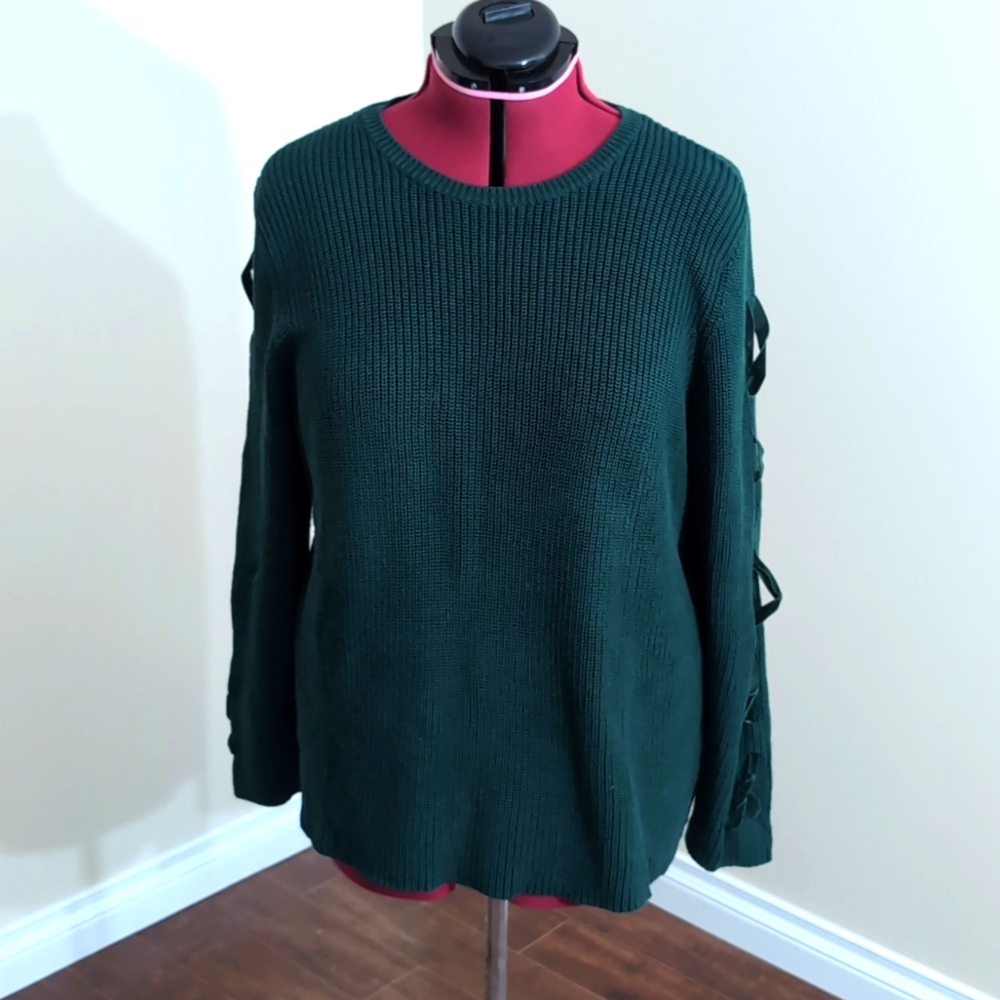 Ralph Lauren| Evergreen Green Long Sleeve Crew Neck Sweater Velvet Detail Sleeve